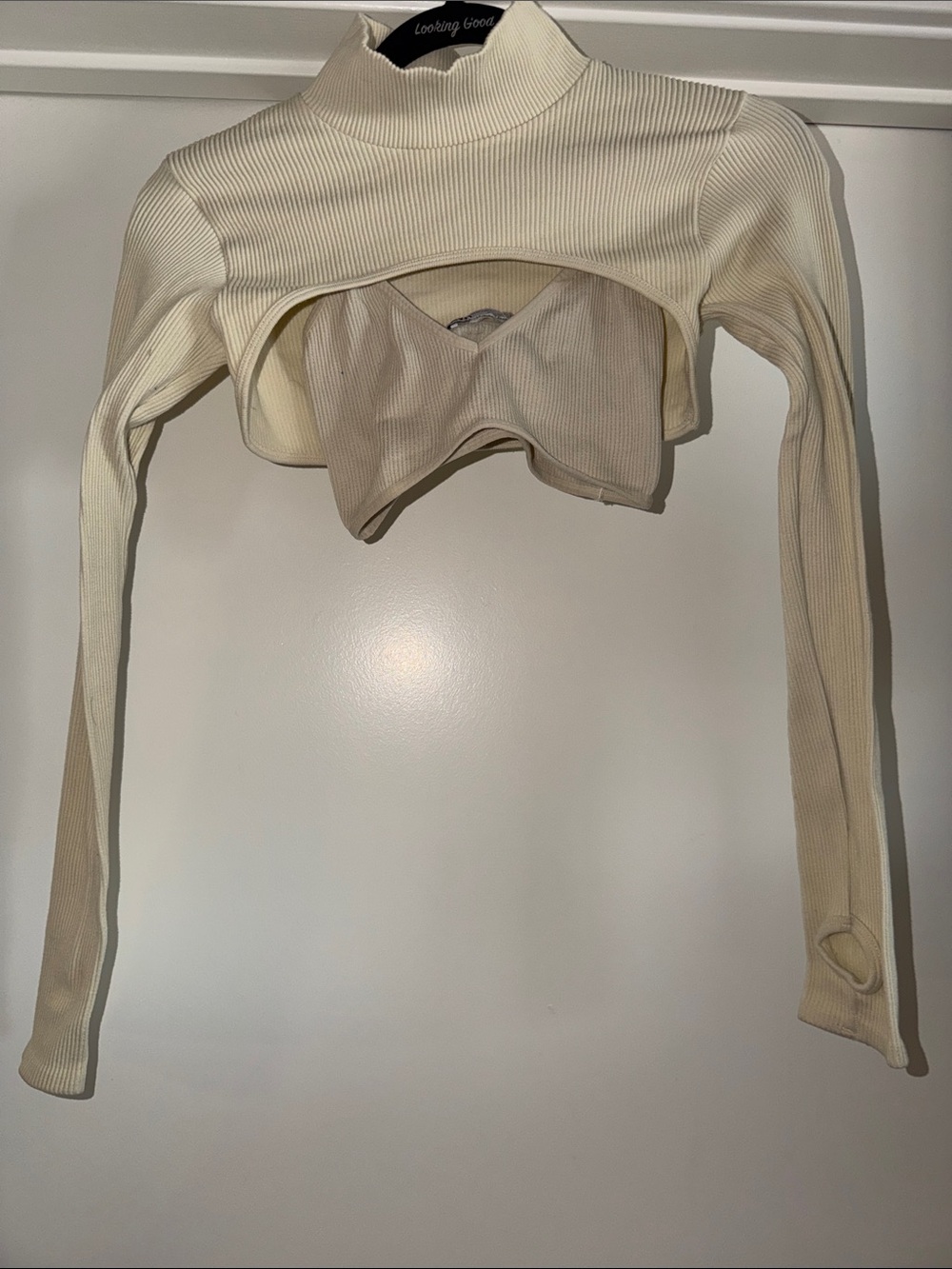 Zara Cream Ribbed Layered Mock-Neck Crop Top